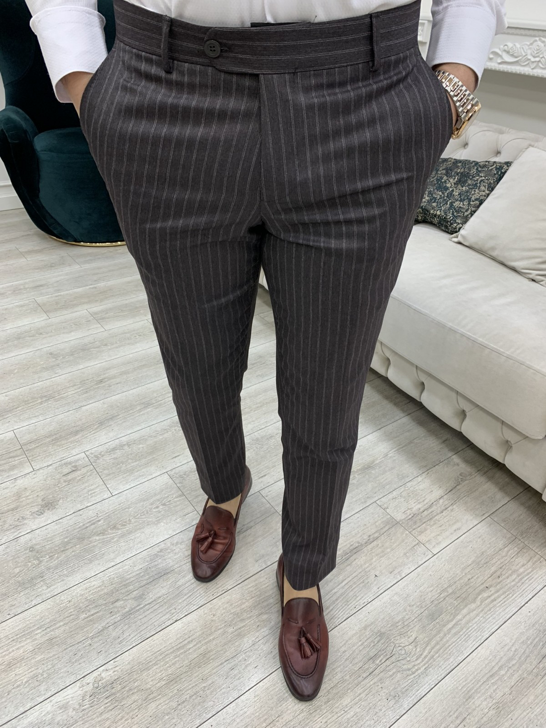 Striped Dark Brown Slim-Fit Italian Cut Double Breasted Suit