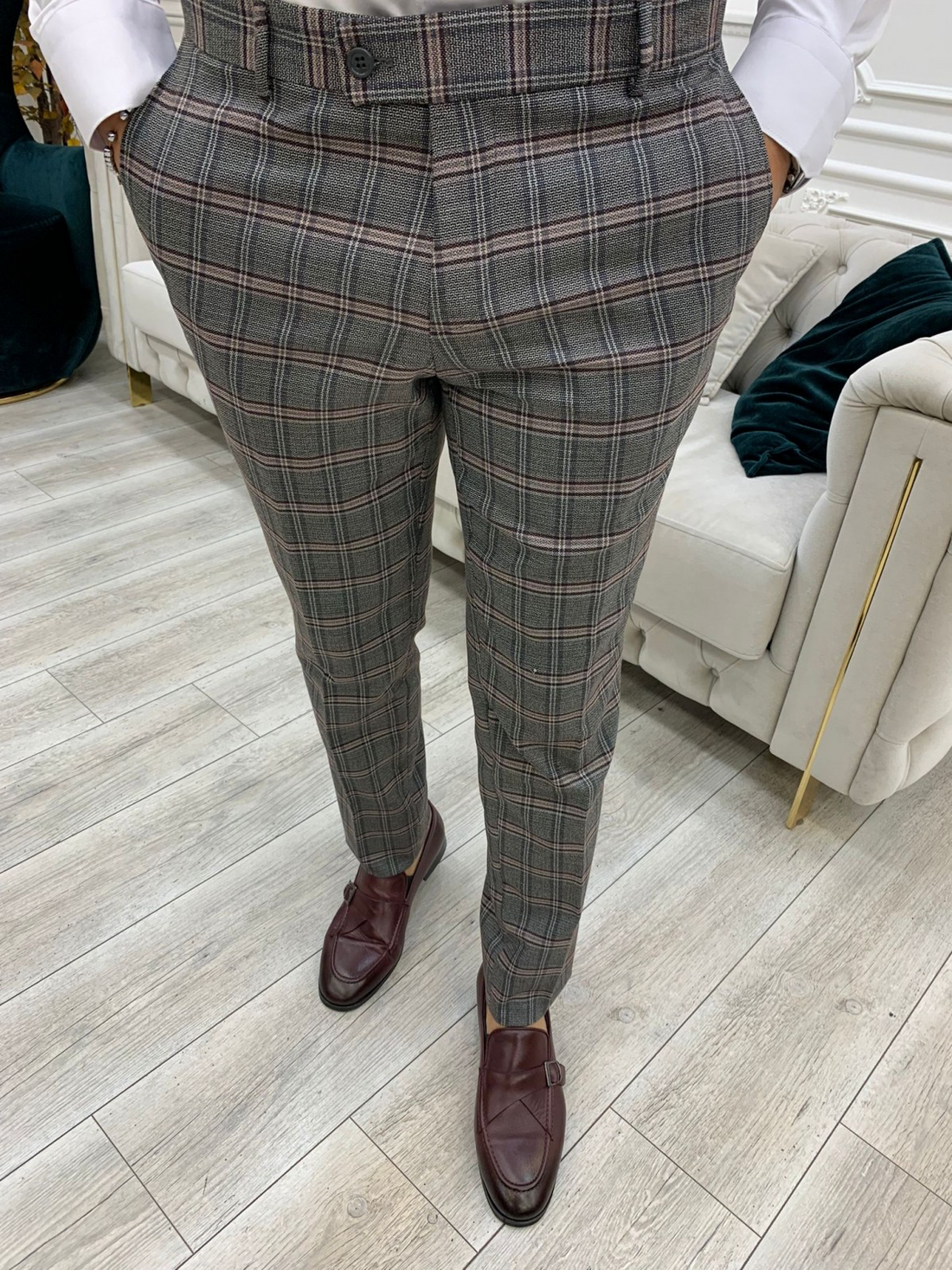 Grey Patterned Slim-Fit Italian Cut Double Breasted Suit