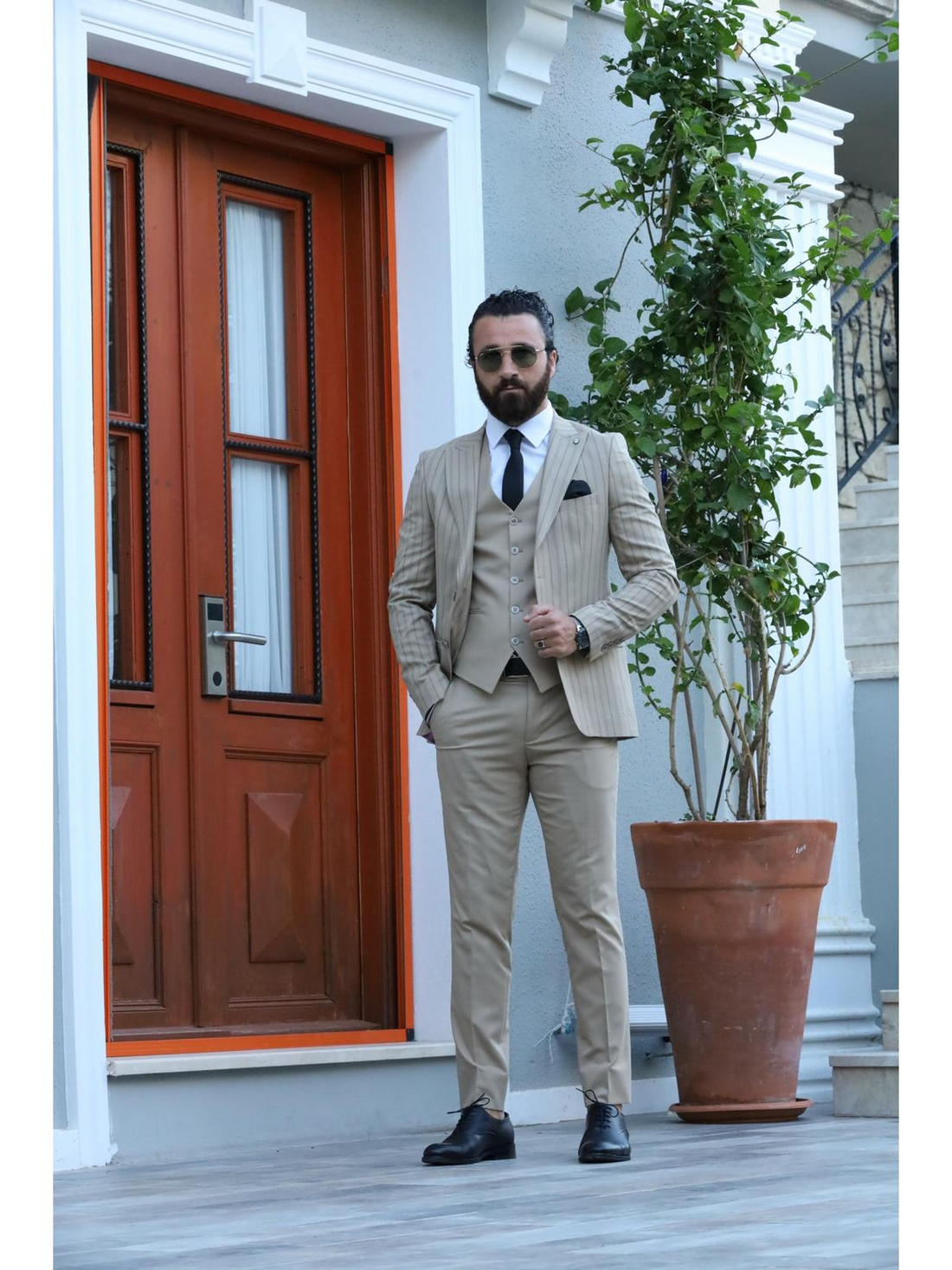 Cream Striped Slim-Fit Italian Cut Suit