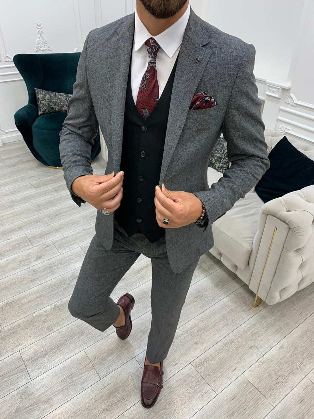 Grey & Black Vest Slim-Fit Italian Cut Suit Grey & Black Vest Slim-Fit Italian Cut Suit