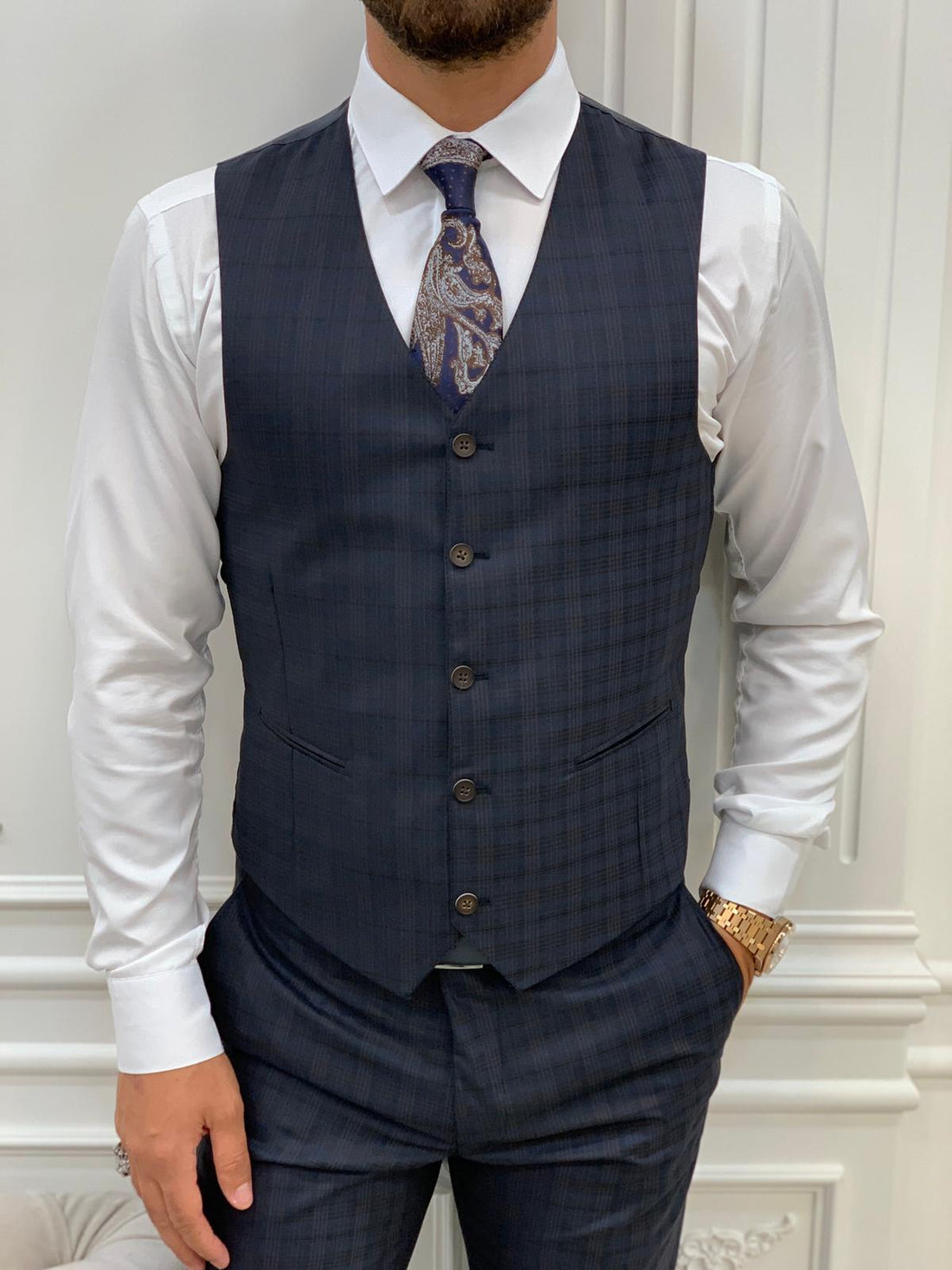 Navy Blue Plaid Slim-Fit Italian Cut