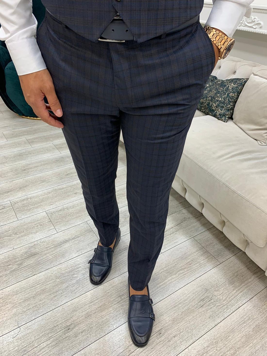 Navy Blue Plaid Slim-Fit Italian Cut