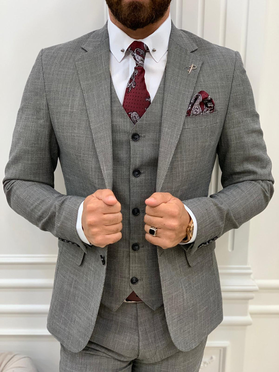 Grey Patterned Slim-Fit Italian Cut Suit