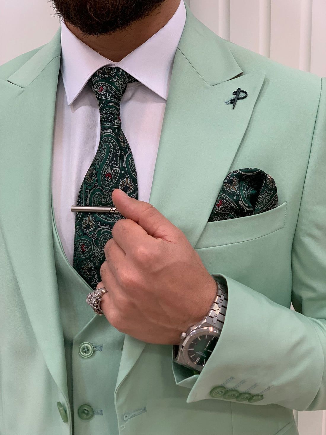 Magic Mint Pastel Trim Fit Suit & Tie