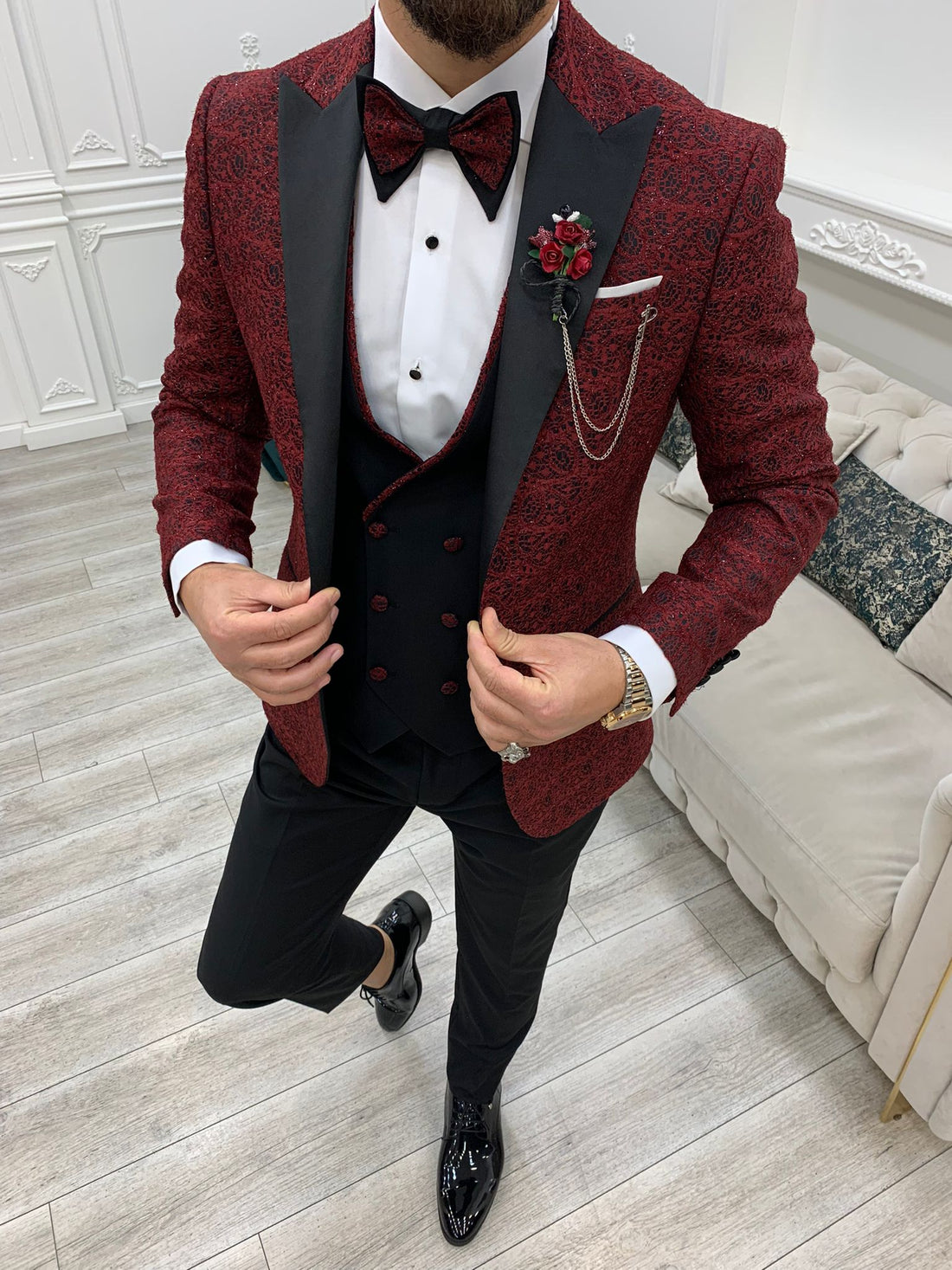 Red Glitter Patterned Dovetail Slim-Fit Italian Cut Tuxedo