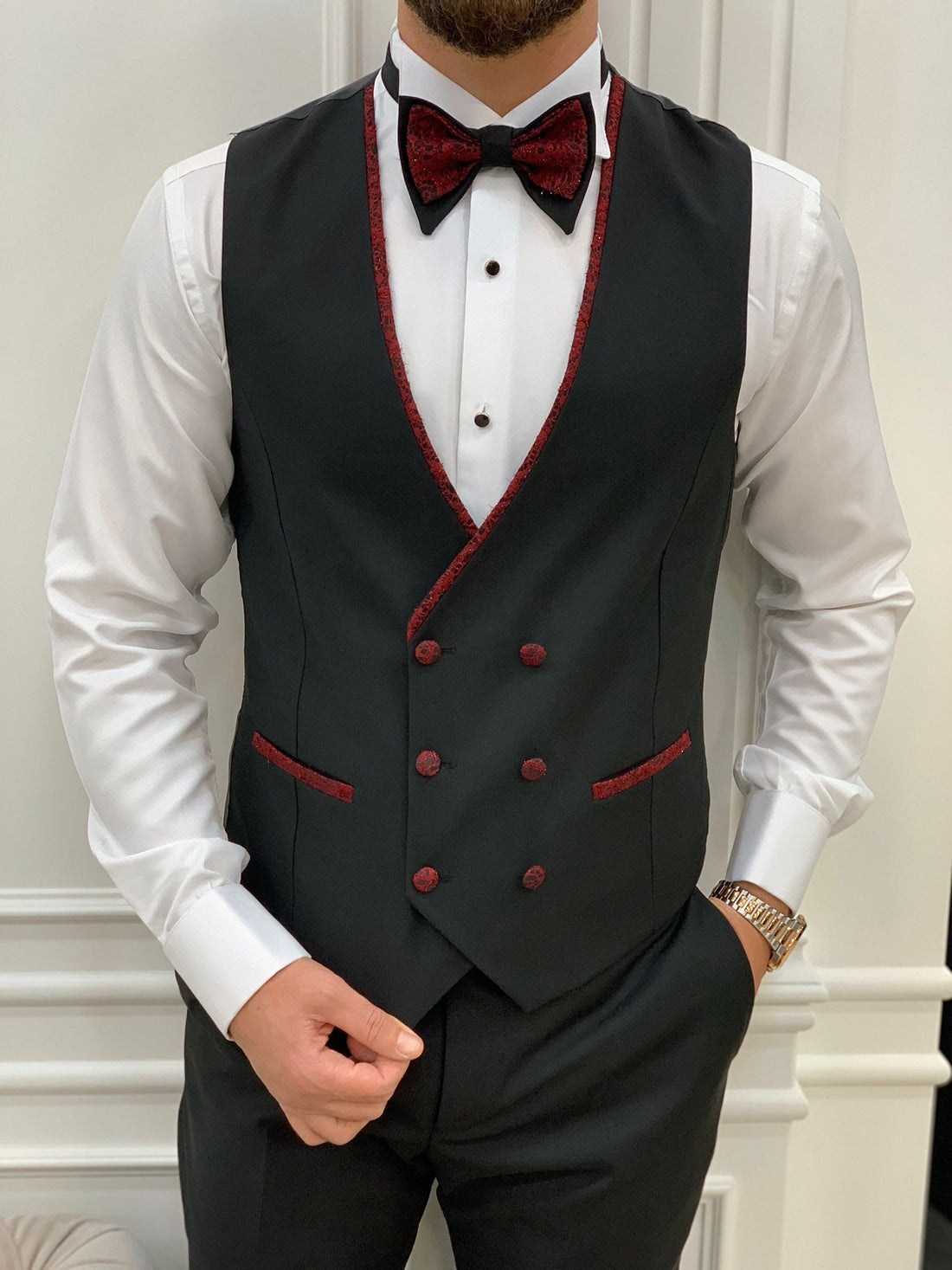 Red Glitter Patterned Dovetail Slim-Fit Italian Cut Tuxedo