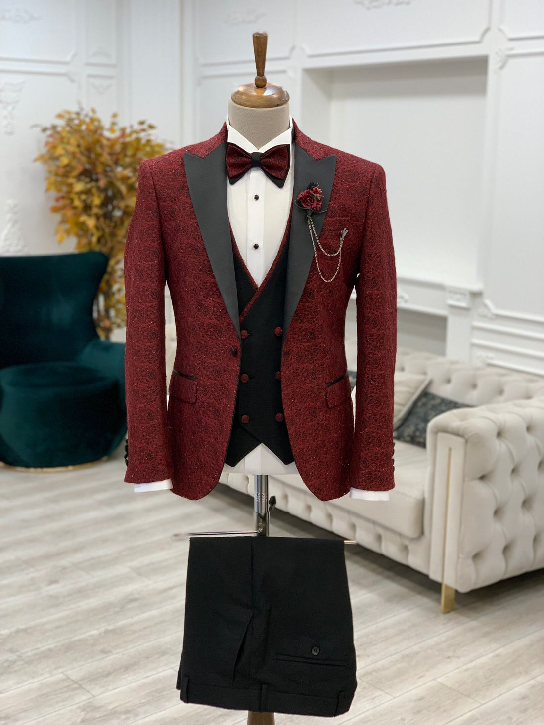 Red Glitter Patterned Dovetail Slim-Fit Italian Cut Tuxedo