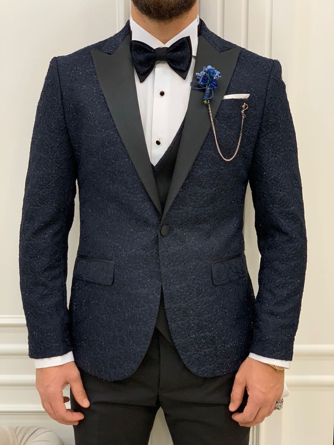 Blue Glitter Patterned Dovetail Slim-Fit Italian Cut Tuxedo