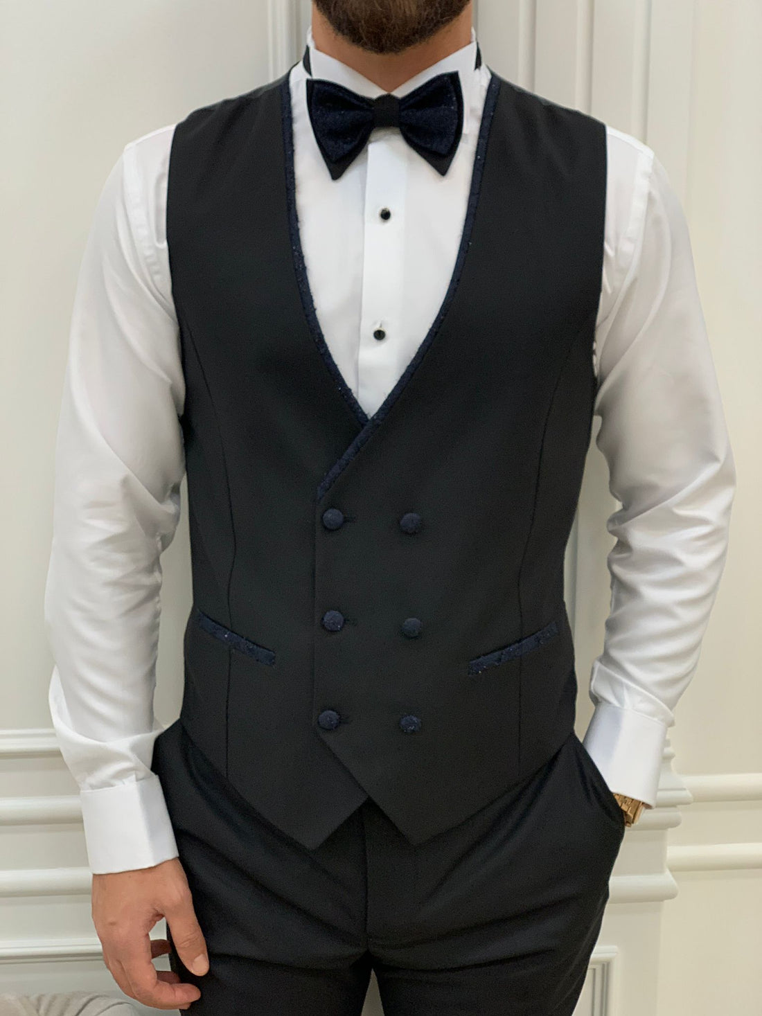 Blue Glitter Patterned Dovetail Slim-Fit Italian Cut Tuxedo