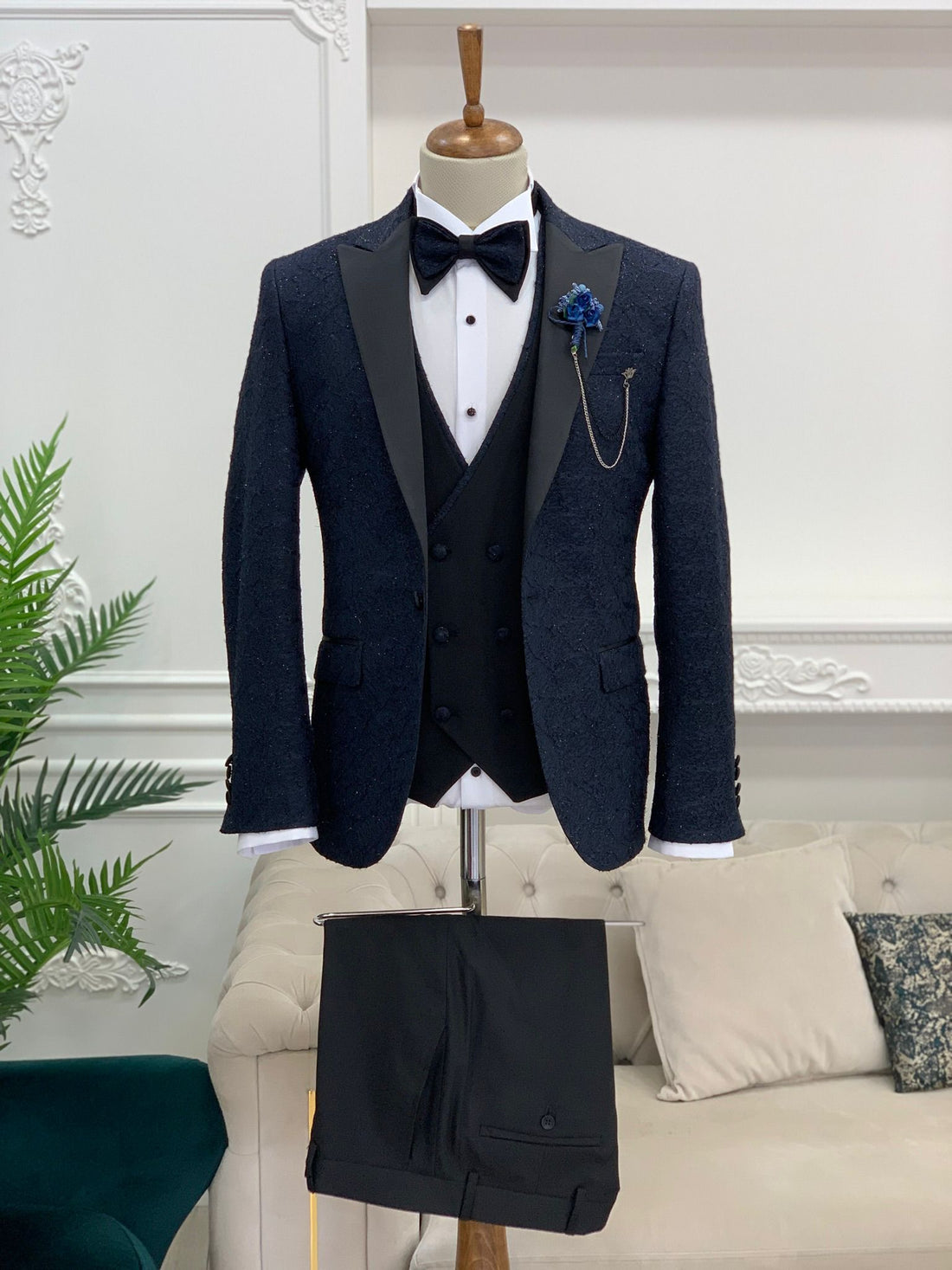 Blue Glitter Patterned Dovetail Slim-Fit Italian Cut Tuxedo