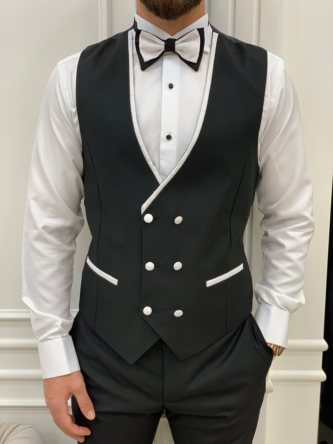 White Patterned Dovetail Slim-Fit Italian Cut Tuxedo