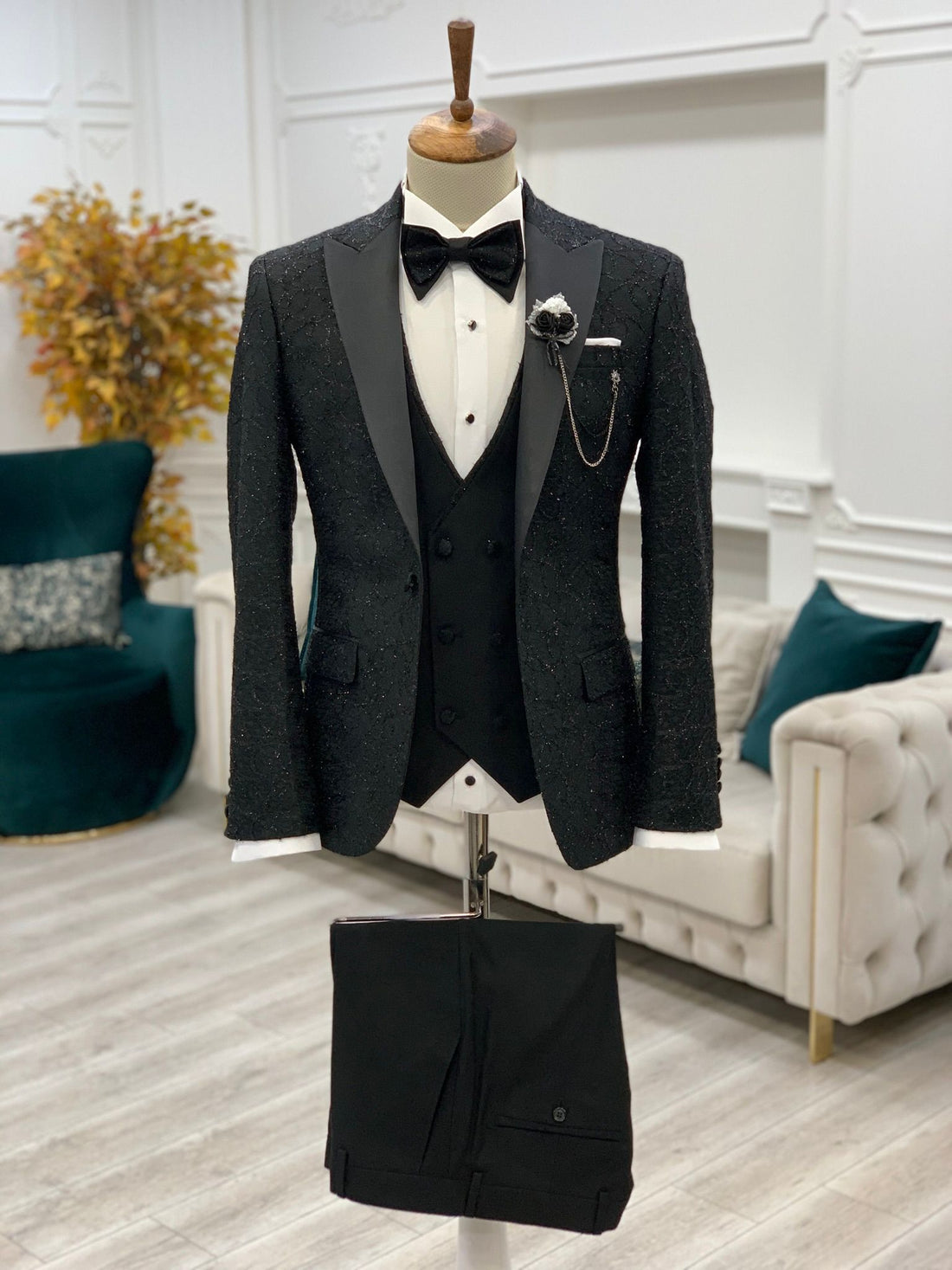 Black Patterned Dovetail Slim-Fit Italian Cut Tuxedo