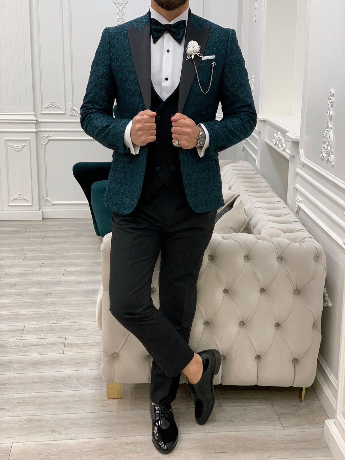 Green Patterned Dovetail Slim-Fit Italian Cut Tuxedo