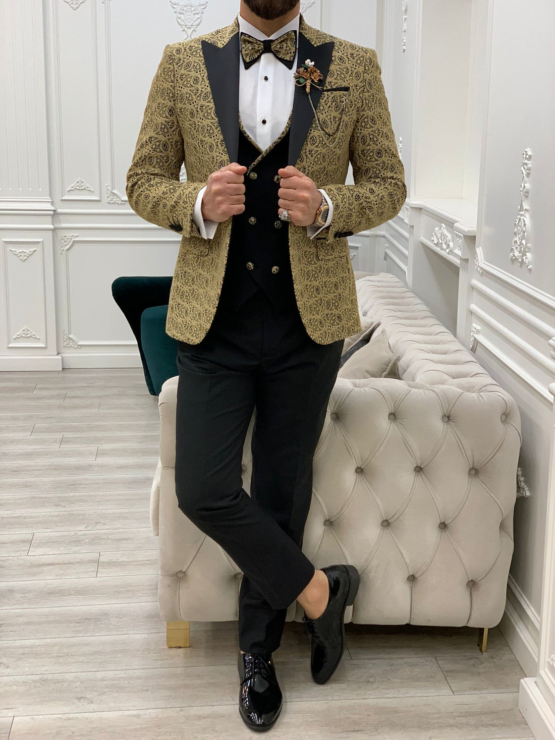 Gold Patterned Dovetail Slim-Fit Italian Cut Tuxedo