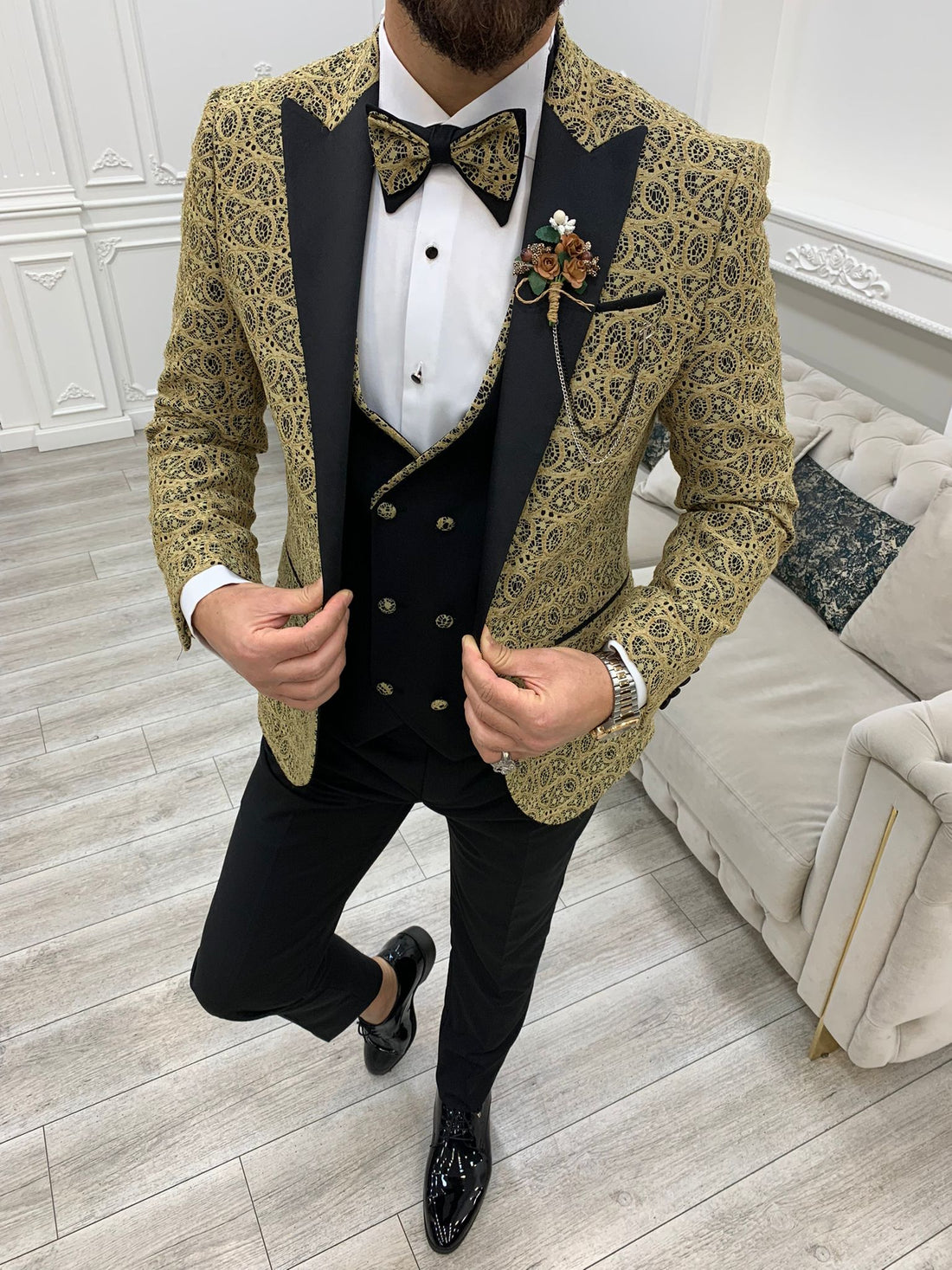 Gold Patterned Dovetail Slim-Fit Italian Cut Tuxedo