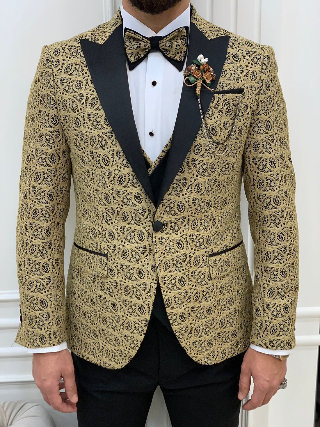 Gold Patterned Dovetail Slim-Fit Italian Cut Tuxedo