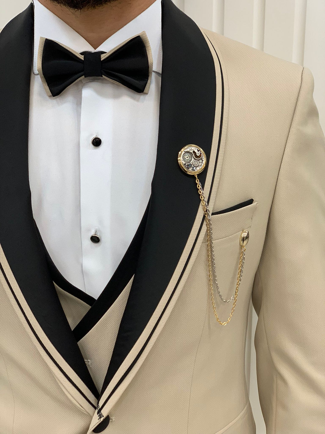 Beige Shawl Collar Stripe Slim-Fit Italian Cut Tuxedo