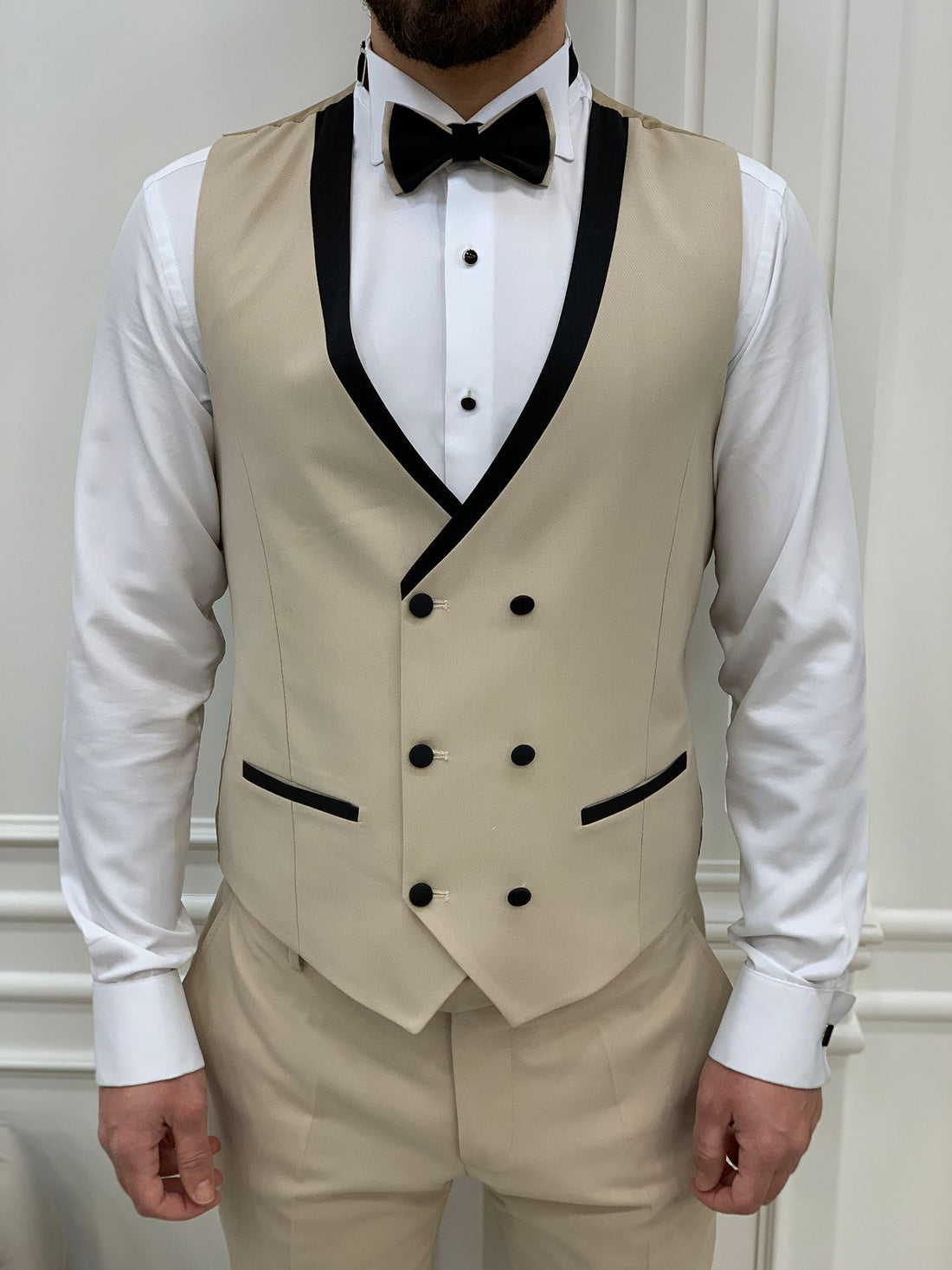 Beige Shawl Collar Stripe Slim-Fit Italian Cut Tuxedo