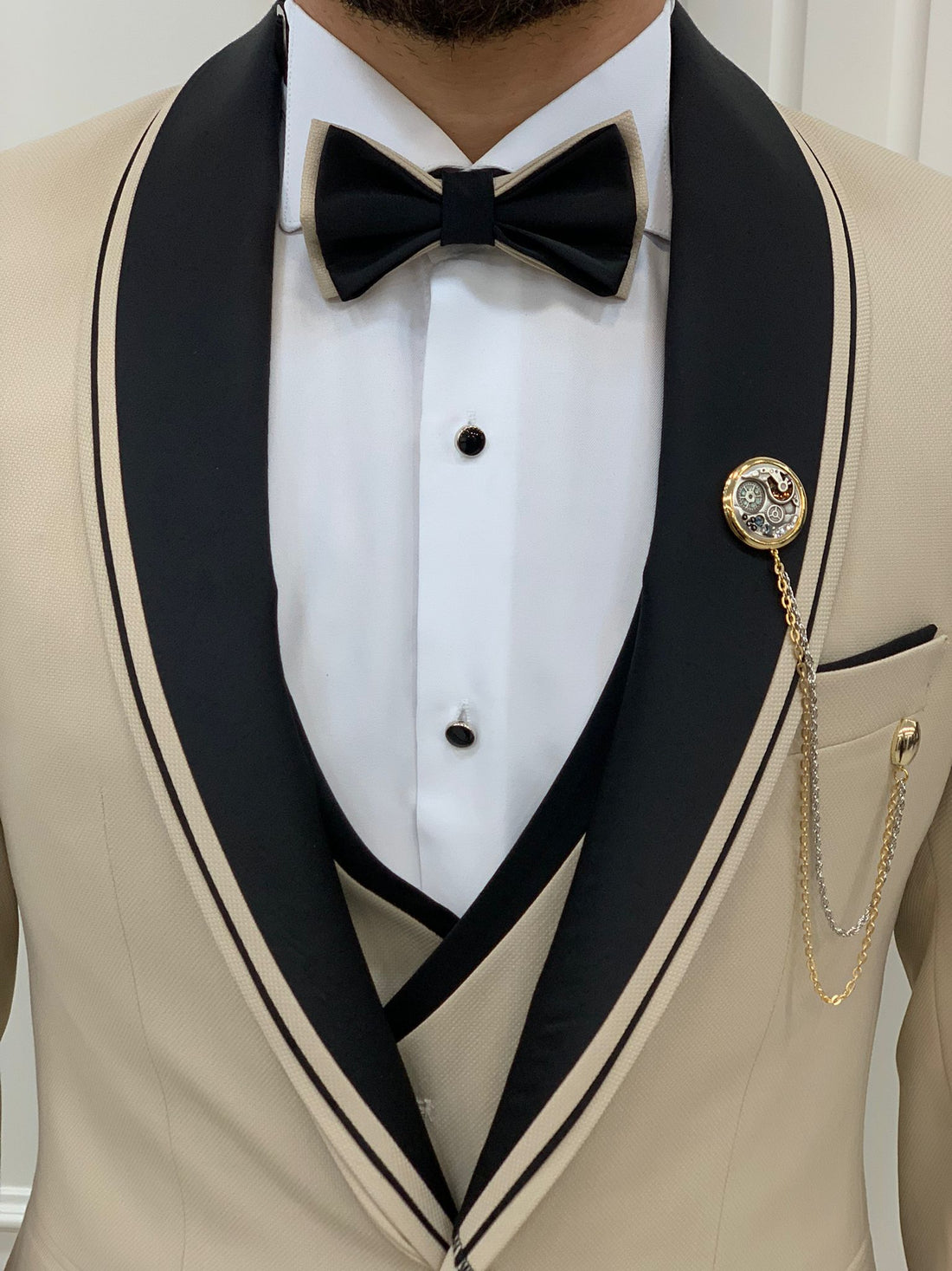 Beige Shawl Collar Stripe Slim-Fit Italian Cut Tuxedo