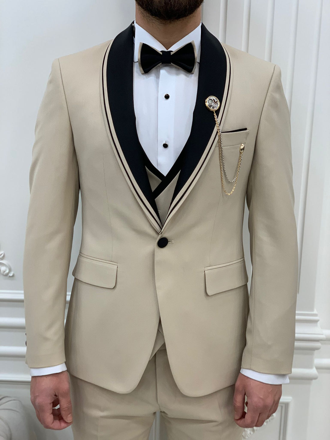 Beige Shawl Collar Stripe Slim-Fit Italian Cut Tuxedo