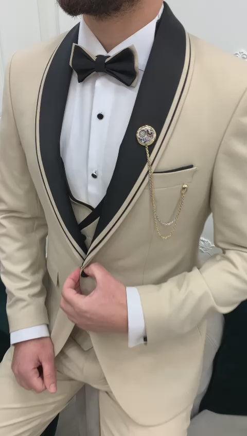 Beige Shawl Collar Stripe Slim-Fit Italian Cut Tuxedo